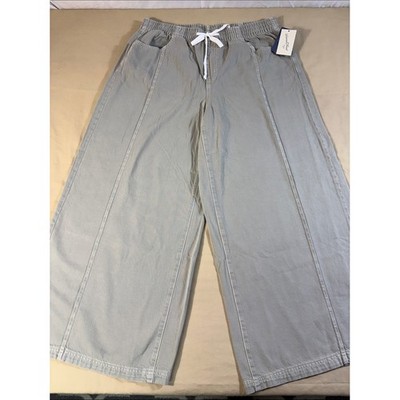 Wide Leg Drawstring Rigid Denim Pull On Jeans NWT Khaki Green High Rise XL