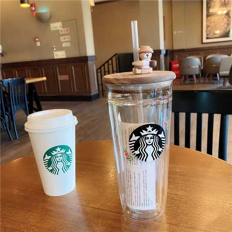 Taza Starbucks Tapa Madera Oso Paja Taza Doble Capa con Muñeca Paja Taza 591ml Foto 3 de 4