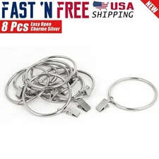 8 Pcs 1.5" inch Openable Metal Curtain Rings with Clips Chrome Silver