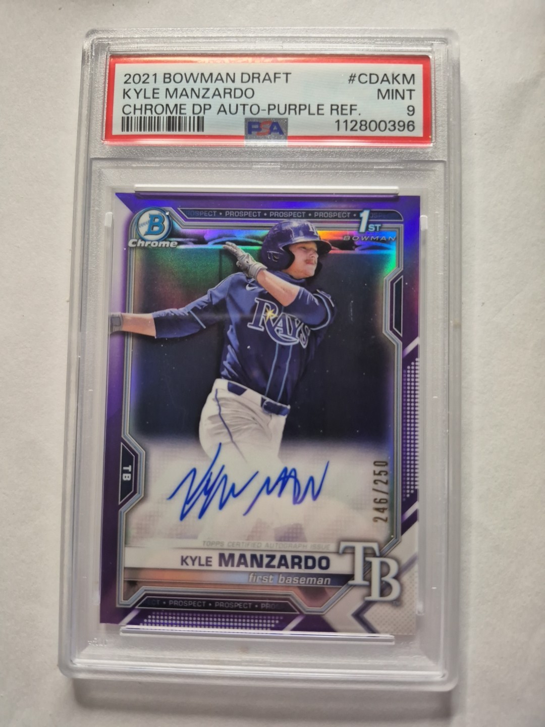 2021 Bowman Chrome Kyle Manzardo RC 1st Rookie AUTO Purple Refractor /250 PSA 9