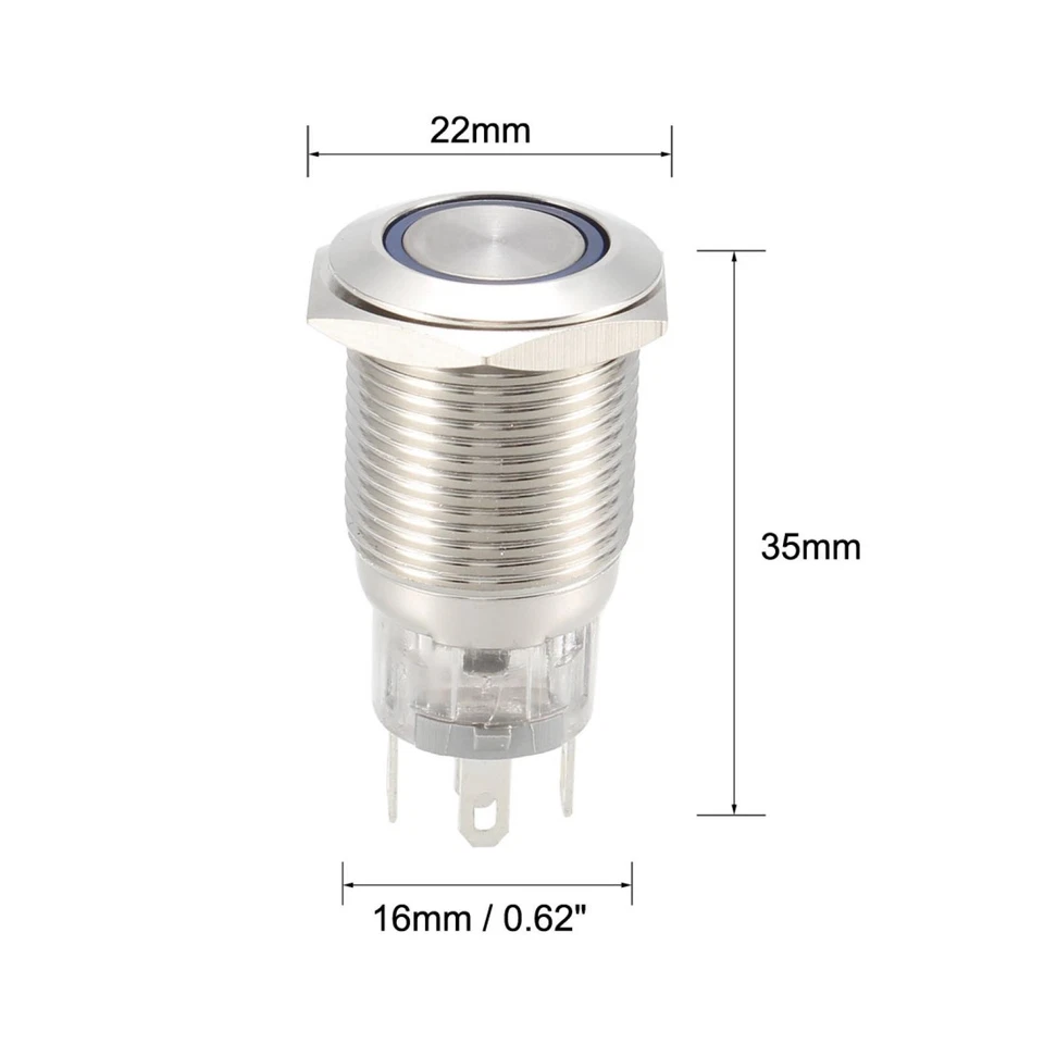 Momentary Push Button Switch 16mm Mounting 1NC NO 12V Blue LED with Socket Plug - Image 3 of 4