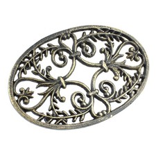 Fleur De Lis Oval Trivet Cast Iron Gold Patina Ornate Scrolls Antique Style