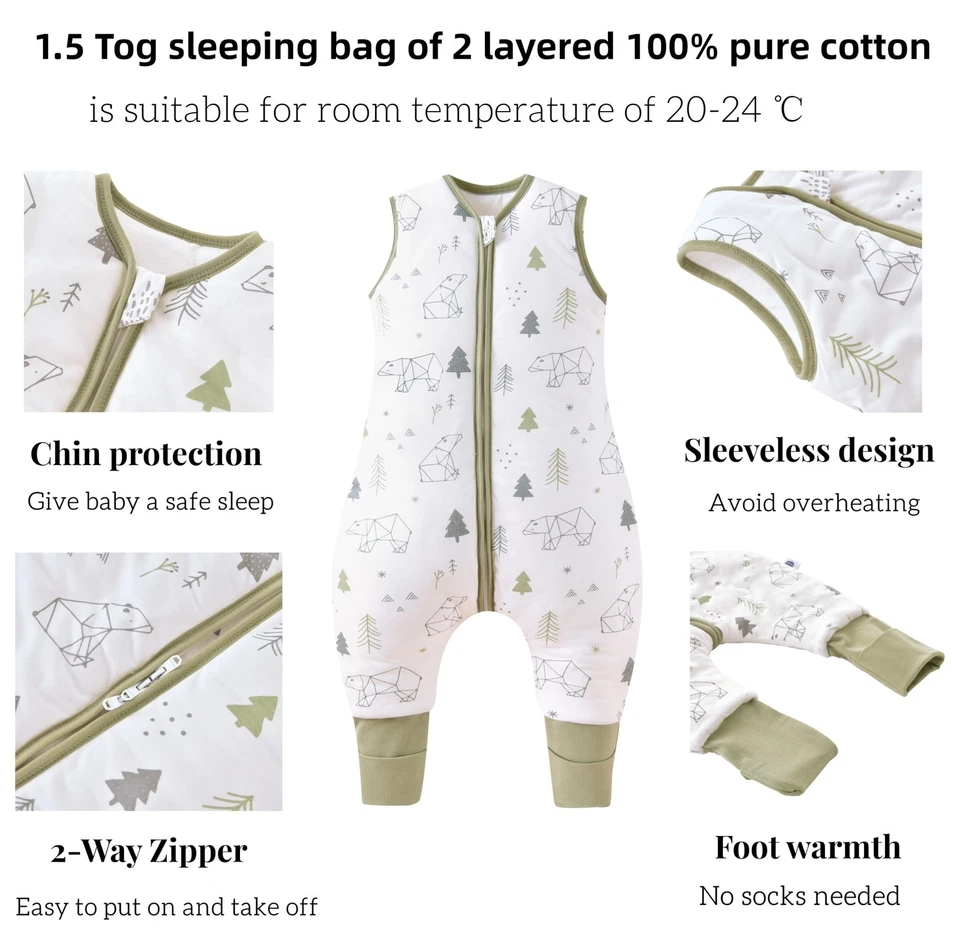 Chilsuessy 2er Pack Baby Schlafsack mit Beinen 1.5 Tog Schlafsack 100% Baumwolle - Bild 2 von 4
