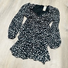 Boohoo Dalmatian Spot Print Ruched Mini Dress Black White V-Neck Size 6 NEW