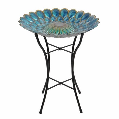 Teamson Home 18'' Outdoor Solar Glass Flower Mosaic Birdbath w/ LED Lights, Blue