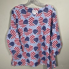 Alfred Dunner Patriotic Flag Hearts 3/4 Sleeve Blouse Sz M Ribbed