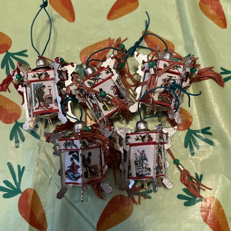 5 Exotic Japanese Pagoda Silk and Metal Christmas Tree Ornaments
