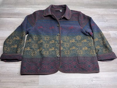 Vintage Sonoma Reindeer Nordic Blanket Coat Women's L Wool Blend Cabin 90s USA