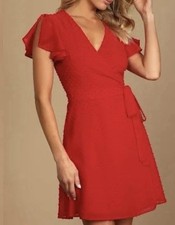 Lulus Red Sz S Swiss Dot Flutter Sleeve Cold Shoulder Tie Waist Mini Wrap Dress