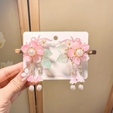 Vintage Pink Flower Hair Clips 2Pcs Sakura Alligator Tassel Pearl Barrettes
