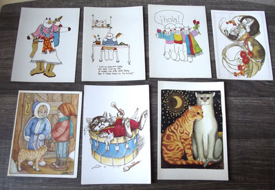 7 Kitty Cat Unused Greeting Note Cards-1970's-Artist Drawn by Jill Rosen Etc.