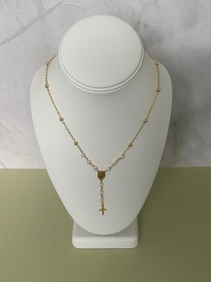Gold Rosary Necklace with Pearls, Cross  and Virgin Mary, Stainless Steel
