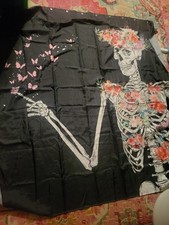 Standard size shower curtain black w/ pink roses floral skeleton soft goth chic