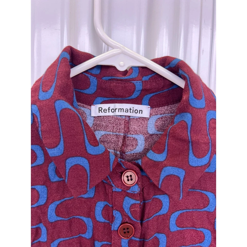 Vestido Camisa Manga Larga Estampado Geométrico Azul Borgoña Reformation Talla 2 Foto 4 de 4