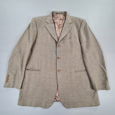Jaeger Mens Tweed Jacket Khaki Brown 46 L Herringbone Wool Cashmere Blazer