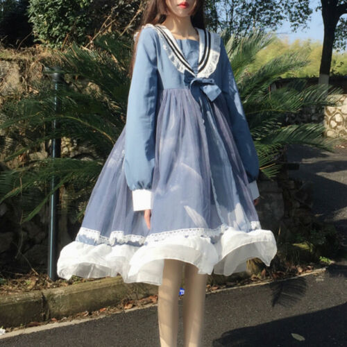 Girl Gothic Lolita Dress Cosplay Costume Kawaii Ruffle Long Sleeve Big Swing - Picture 1 of 10