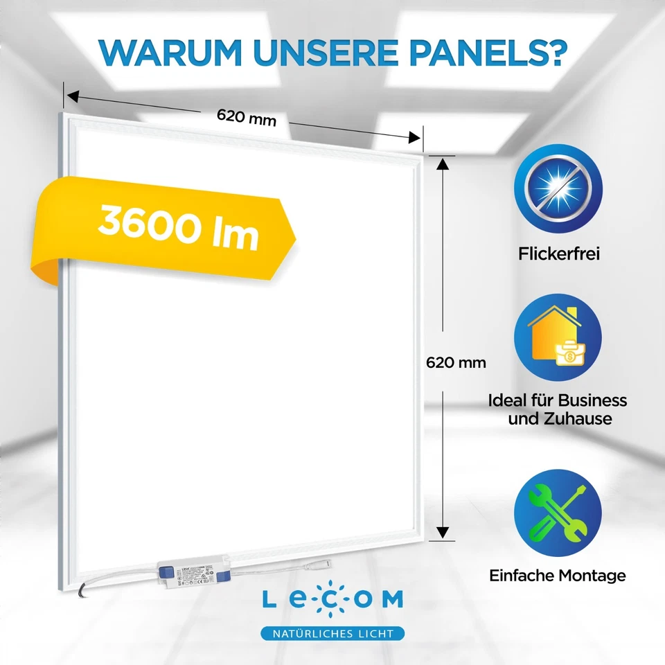 LECOM 2x LED Panel Deckenleuchte 62x62 Rasterdecke Deckenpanel Flach Ultra Slim - Bild 2 von 4