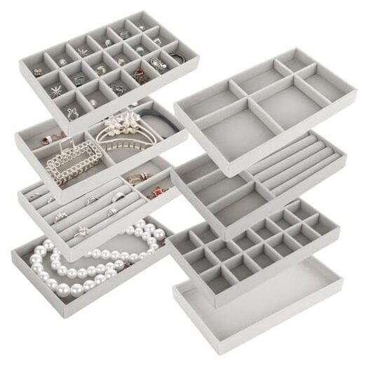 8PCS Stackable Jewelry Organizer Trays, Velvet Jewelry Tray Jewelry Gray
