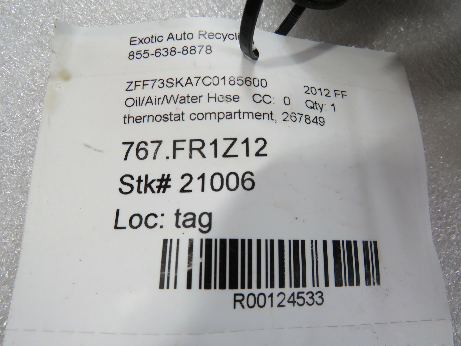 Ferrari FF, Thermostat Compartment Hose, Used, P/N 267849