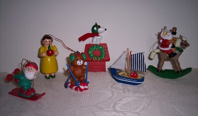 Vtg Lot of 6 Assorted Christmas Ornaments Doll Boat Bear 2 Santas Snoopy Flying