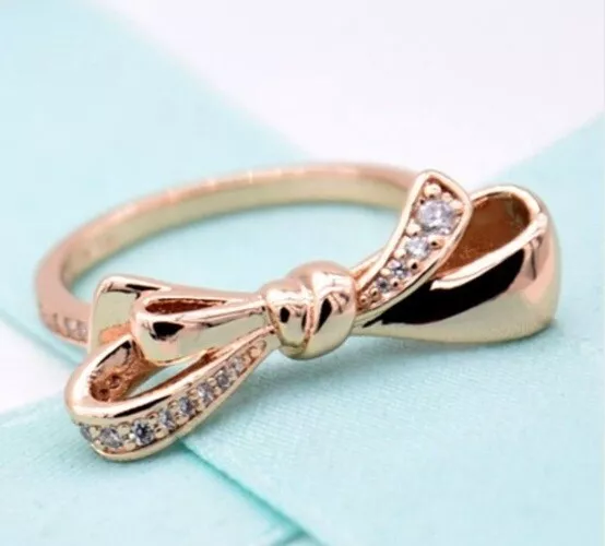 GENUINE S925 ROSE GOLD BRILLIANT DELICATE BOW RING SIZE 56 SALE