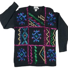 Vintage 80s 90s Abstract Sequin Sweater Sz M Colorful Sparkle Party Fun Glam
