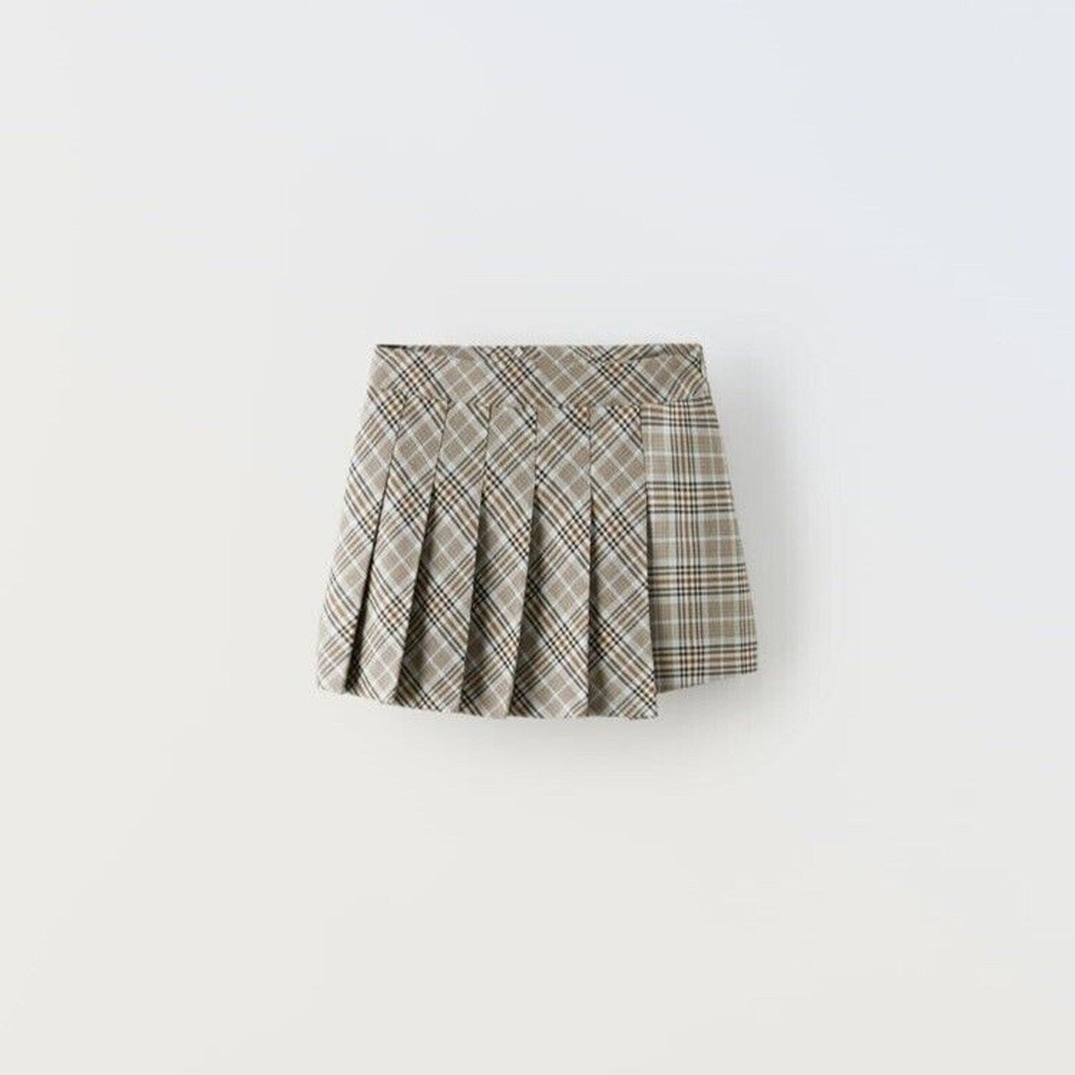 Zara Girls Asymetrical Pleated Plaid Taupe Brown Mini Skirt, Size