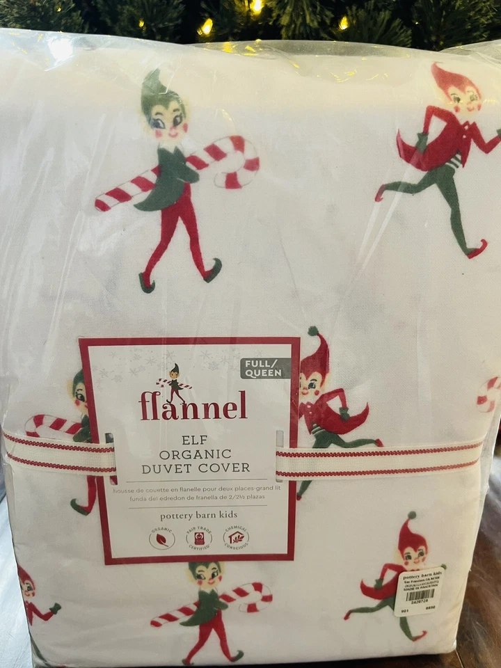 Pottery Barn Kids Elf  Flannel Cotton FULL QUEEN DUVET 2 Shams Christmas Bedding - Image 3 of 4