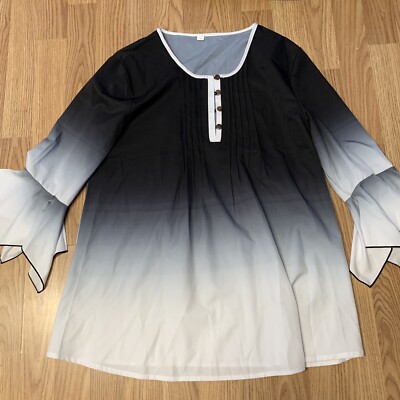 Boutique Womens Tunic Top Sz L Black Gray Ombre Long Ruffle Bell Sleeves Blouse 