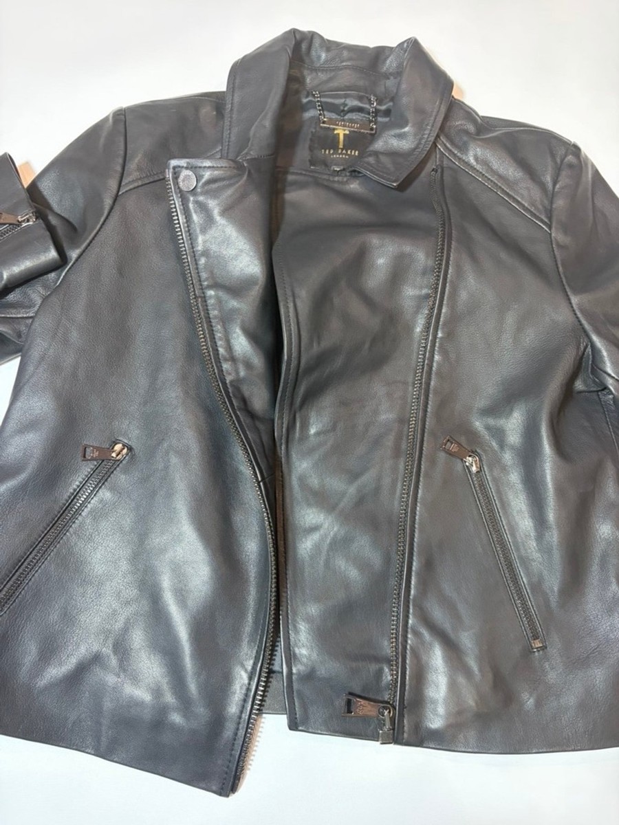 Ted Baker Womens Black Leather Jacket Moto Minimal Zip Cropped