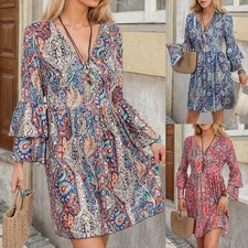 Women Boho Floral V Neck Mini Dress Flared Long Sleeve Holiday Beach Sundress