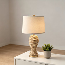 Rattan Table Lamp with Beige Shade for Boho Chic Room