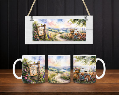 Cosy Escape Countryside Becher 11 Unzen Blumen Fahrrad Kaffeetasse handbedruckt Geschenk