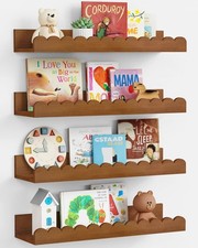 Floating Bookshelf Walnut Nursery Book Shelves Wall Set of 4 Dark Wood Scalloped