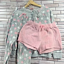BCBG girls 14 lounge set 3 pieces pant shirt shorts super soft fleece grey pink 