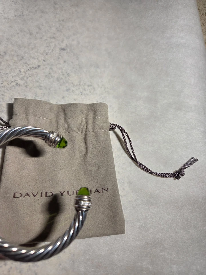 David Yurman 7mm Peridot and Diamond Cable Bracelet 925 M Adjustable - Image 2 of 4