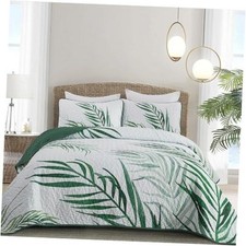 Botanical Quilt Set,3 Pieces Palms Tree Bedspread Reversible Queen Green
