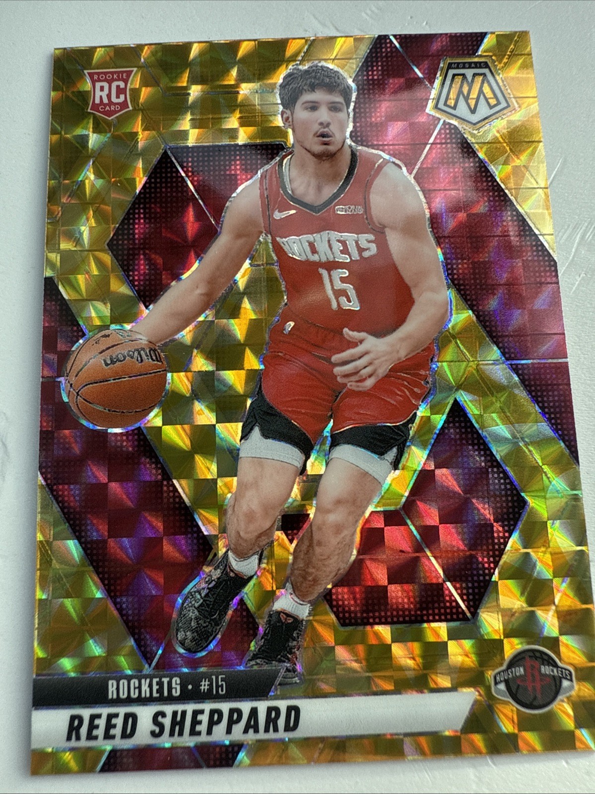 Reed Sheppard 2024-25 Panini Mosaic #249 Reactive Yellow Prizm RC Rockets