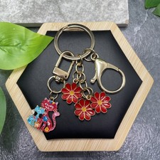 4.5 Gold-tone Cat Flower Enamel Charm Keychain Backpack New Free Ship D1176