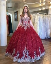 Sparky Red Ball Gown Quinceanera Dresses with Gold Lace Applique Beaded Sweet 16