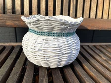 Vintage White Wicker Basket Turquoise Embellished Planter Vase Cottagecore Boho