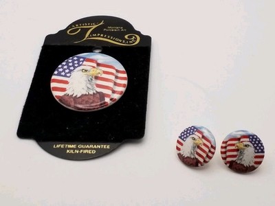 Artistic Impressions Montana Porcelain Art Brooch Pin & Earrings Eagle On Flag