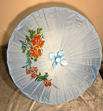 Vintage Asian Bamboo Parasol Umbrella Blue Silk Fabric Hand Painted Floral Bird