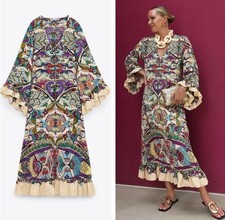 Zara Floral Geometric Print Ruffled Midi Dress Bell Sleeves Tied V-Neck Size XS