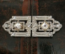 Vintage Art Deco WMCA Rhinestone Belt Buckle Set Signed Pot White Metal 1930s