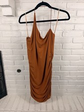 Bailey 44 Dress L Rust Orange Cowl Neck Ruched Bodycon Jersey Cocktail USA