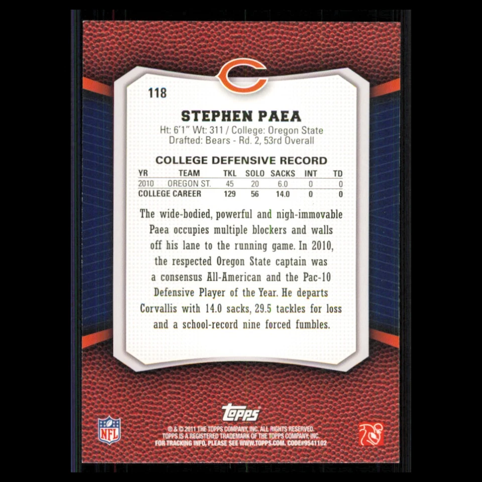 Stephen Paea Rookie #118 2011 Topps Rising Rookies Chicago Bears Football Card - Image 2 of 3