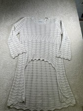 Knit Mix Sweater Dress Womens XL Beige Open Knit Scalloped Hem Boho Long Sleeve
