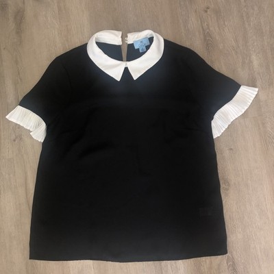  Cece Women M Contrast Collar Short Ruffle Sleeve Black Top 