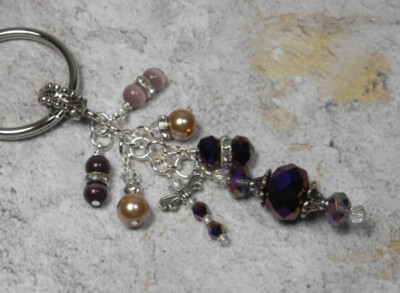 Dragonfly Crystal Cluster Beaded Handmade Keychain Split Key Ring Purple Gold